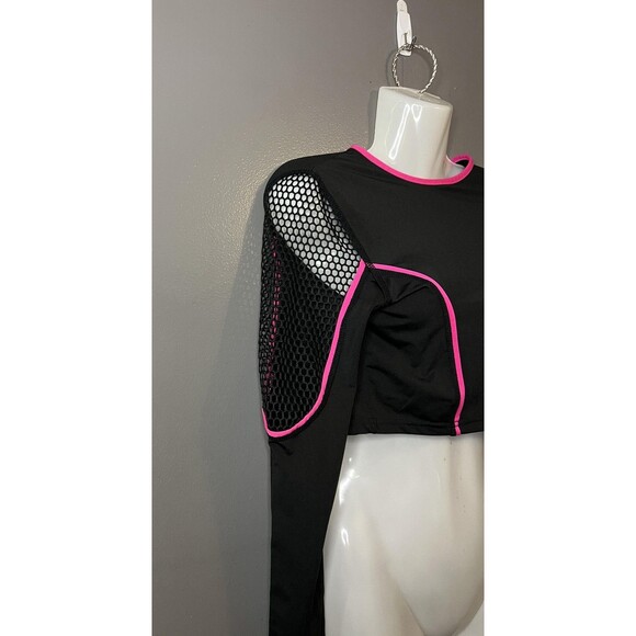 LOVE LOVE LOVE Shirt Womens Medium Black Pink Crop Top Mesh Fishnet Long Sleeve - Picture 2 of 7